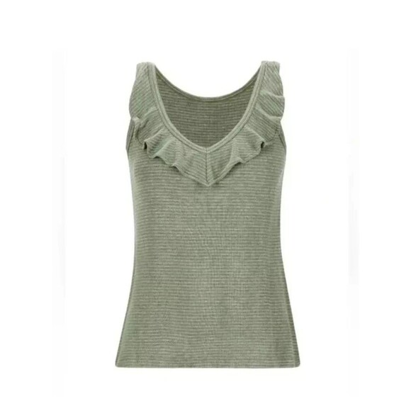 CAbi Tops - Women's Cabi # 6143 Wink Tank Green/White Striped Ruffle V-Neck Sleeveless Top M